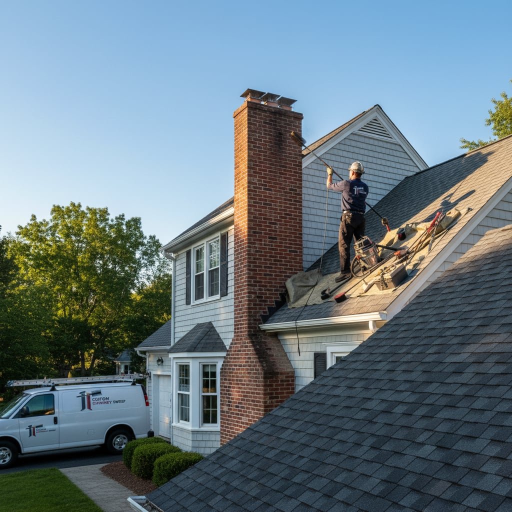 Custom Chimney Sweep team working on chimney